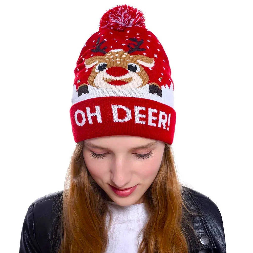 Christmas Hat LED Lights Stretchy Knit Pom-Pom