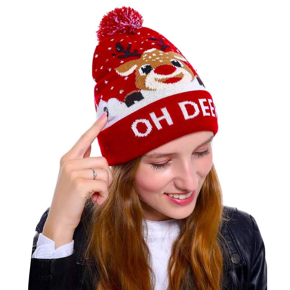 Christmas Hat LED Lights Stretchy Knit Pom-Pom
