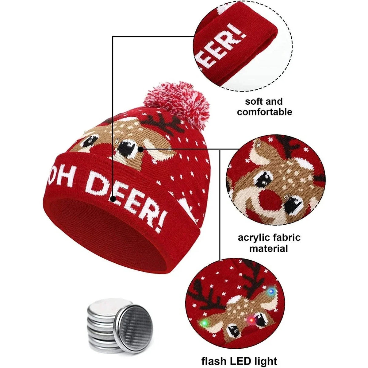 Christmas Hat LED Lights Stretchy Knit Pom-Pom