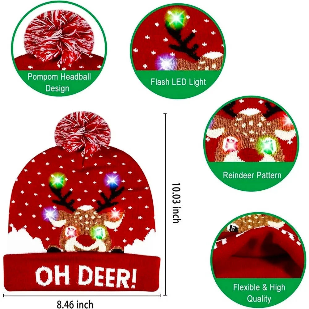 Christmas Hat LED Lights Stretchy Knit Pom-Pom