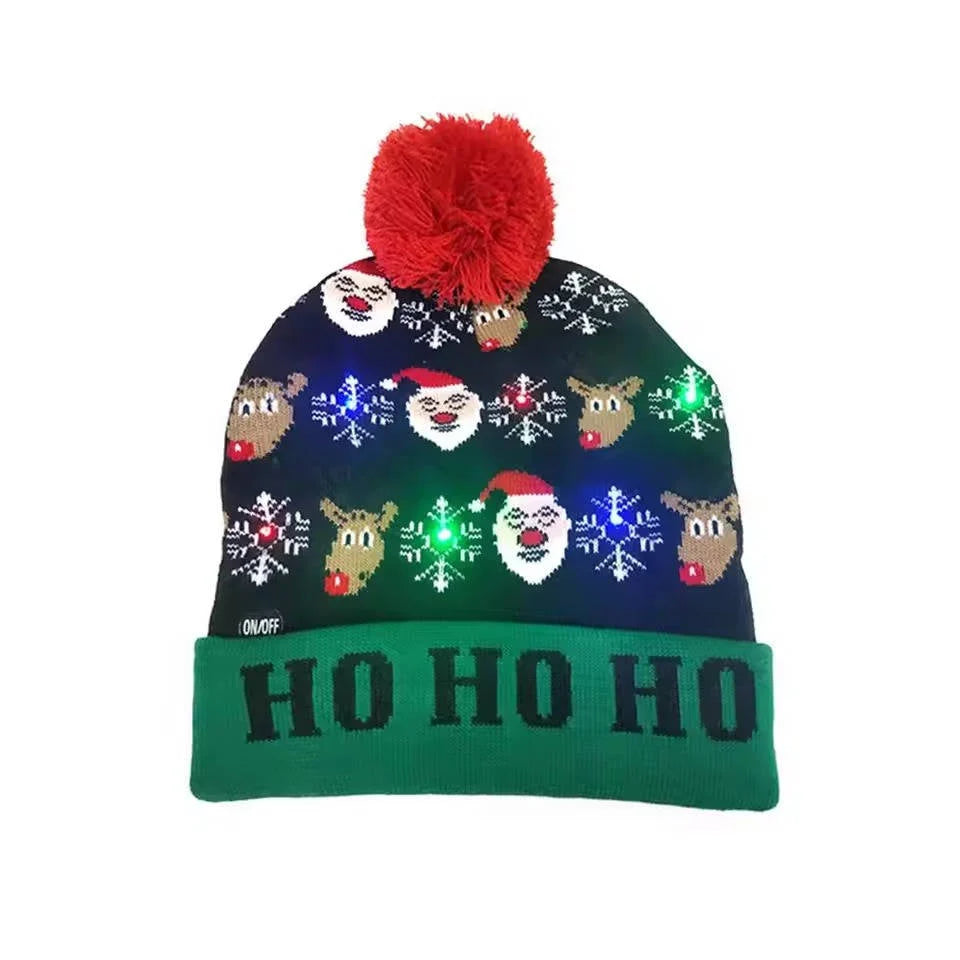Christmas Hat LED Lights Stretchy Knit Pom-Pom