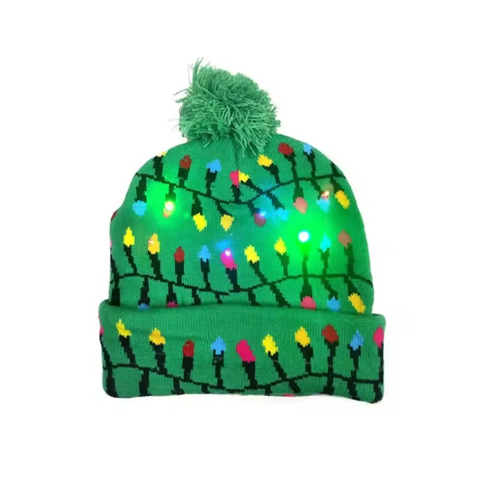 Christmas Hat LED Lights Stretchy Knit Pom-Pom