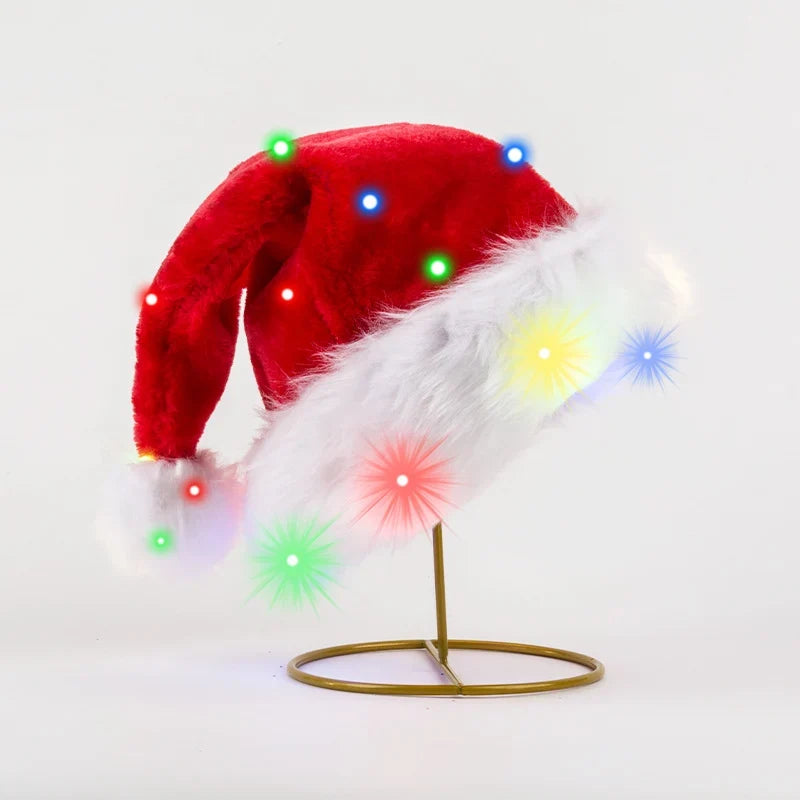 Christmas Hat Plush Lined Faux Fur Trim Built-In LED