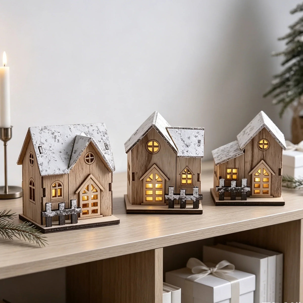 Christmas House Wooden Snow-Effect Tabletop
