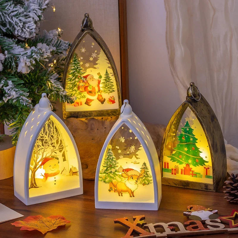 Christmas Lantern Built-In LED Santa & Tree Scene