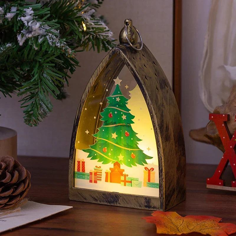 Christmas Lantern Built-In LED Santa & Tree Scene