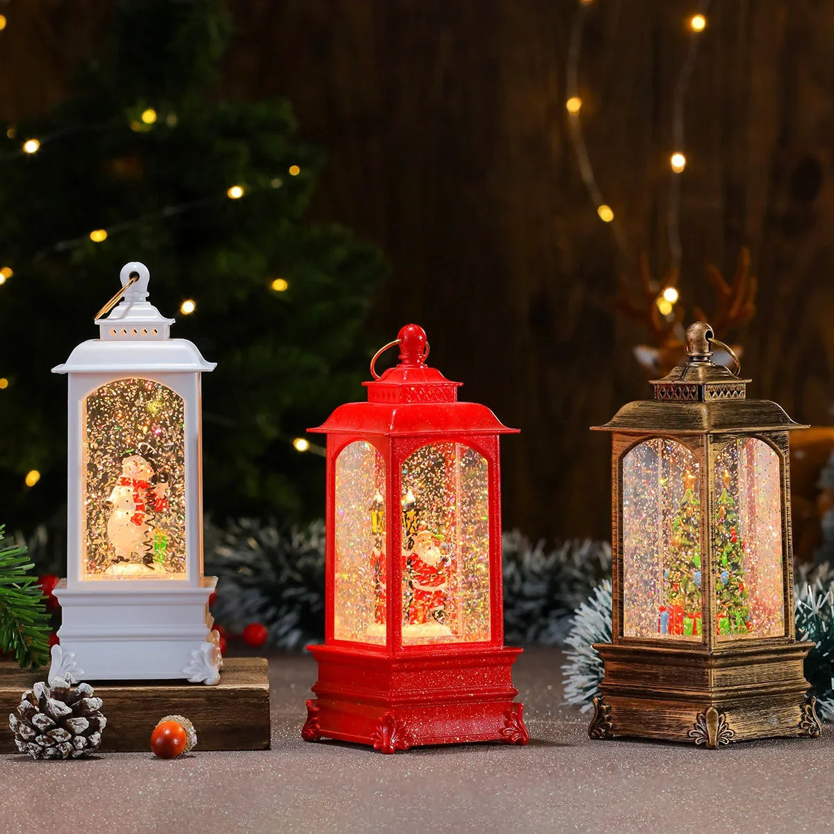 Christmas Lantern Illuminated Snow Globe Santa Scene