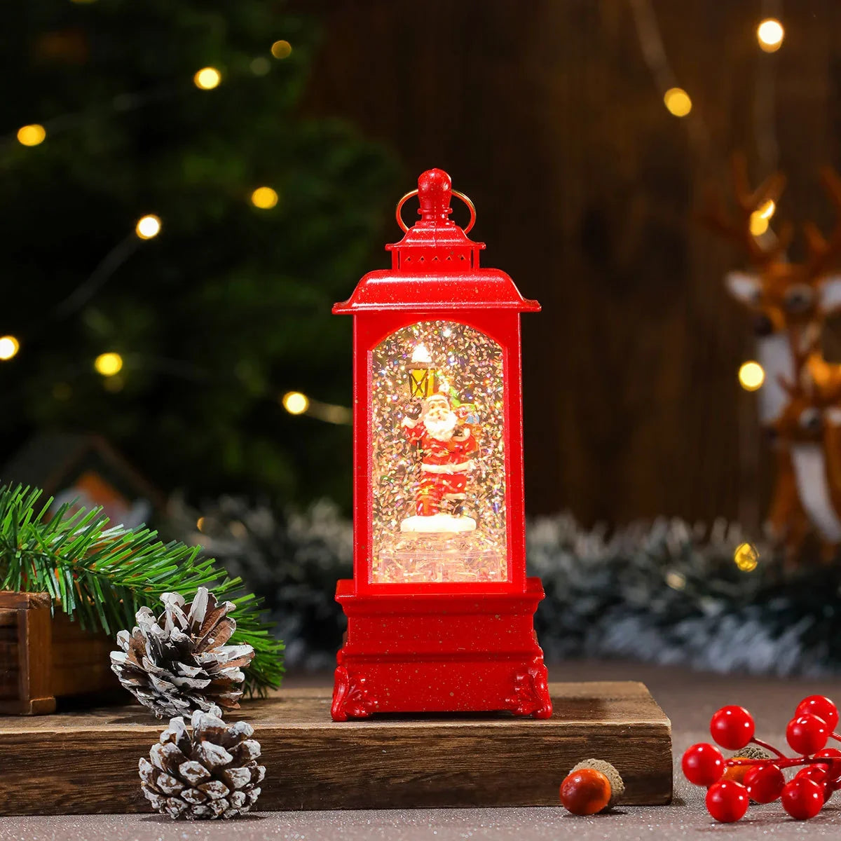 Christmas Lantern Illuminated Snow Globe Santa Scene
