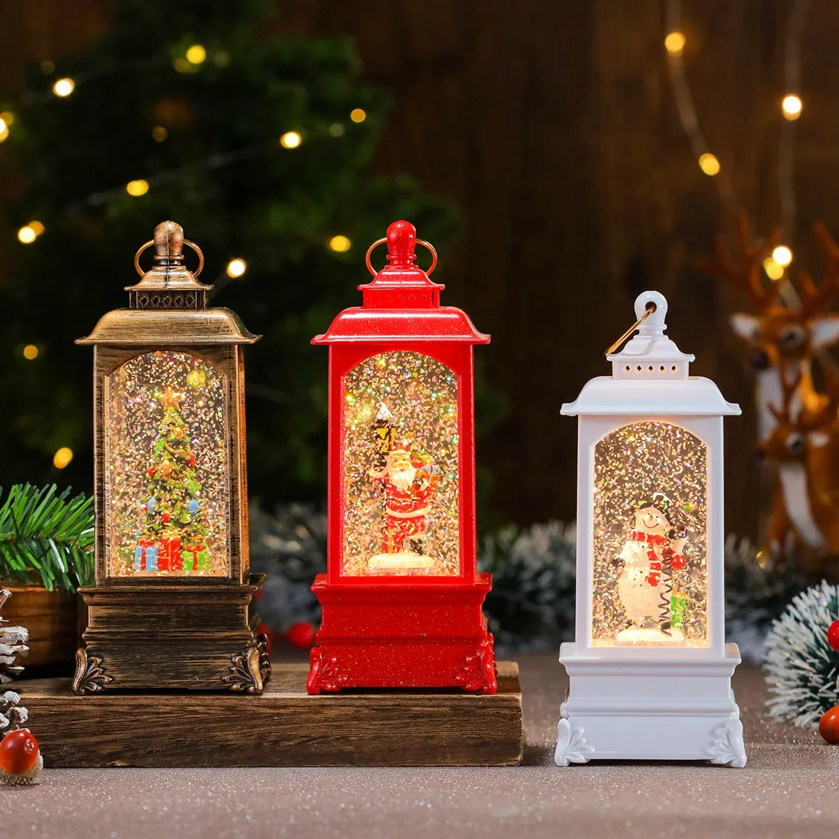 Christmas Lantern Illuminated Snow Globe Santa Scene