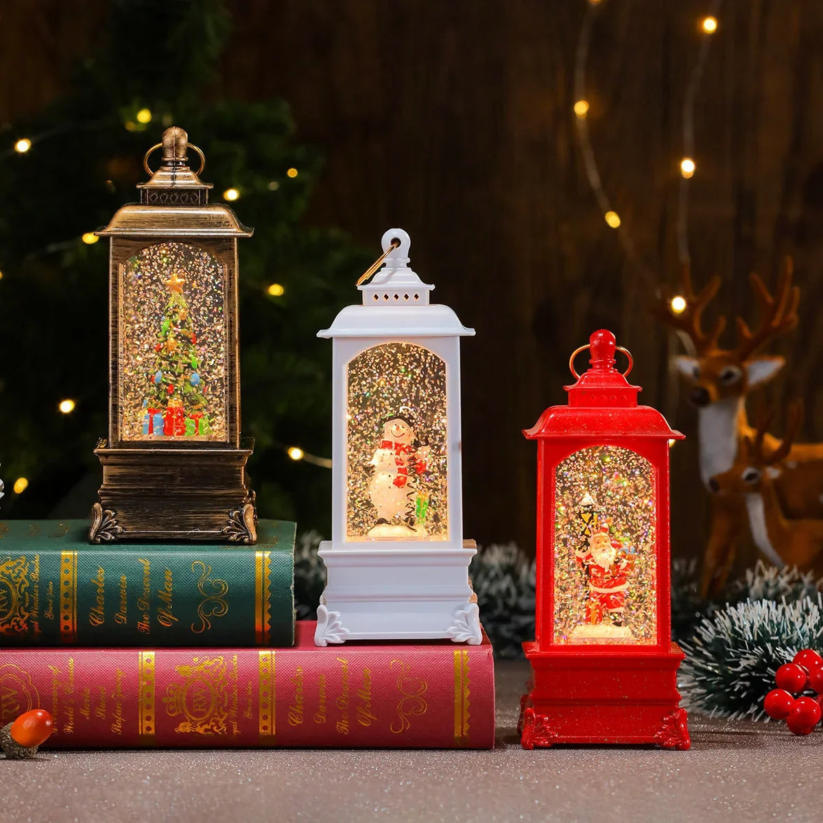 Christmas Lantern Illuminated Snow Globe Santa Scene