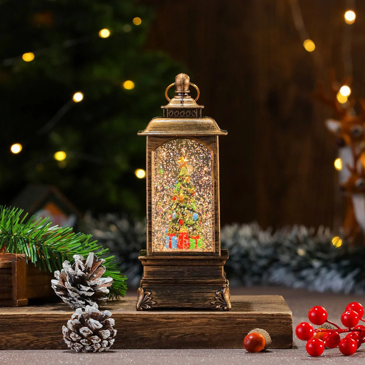 Christmas Lantern Illuminated Snow Globe Santa Scene