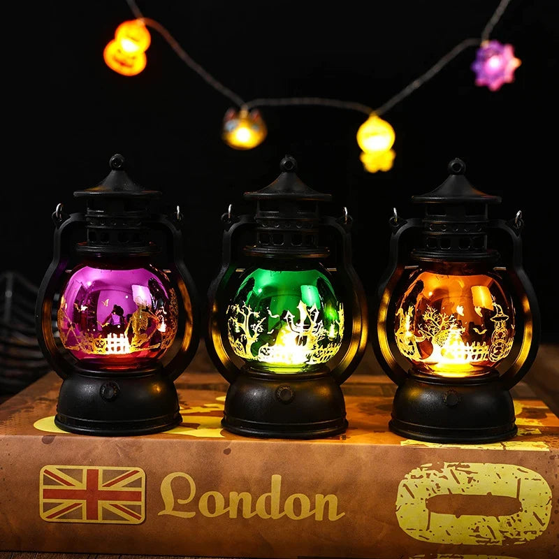 Christmas Lantern Vintage Metal & Glass Illuminated Scene
