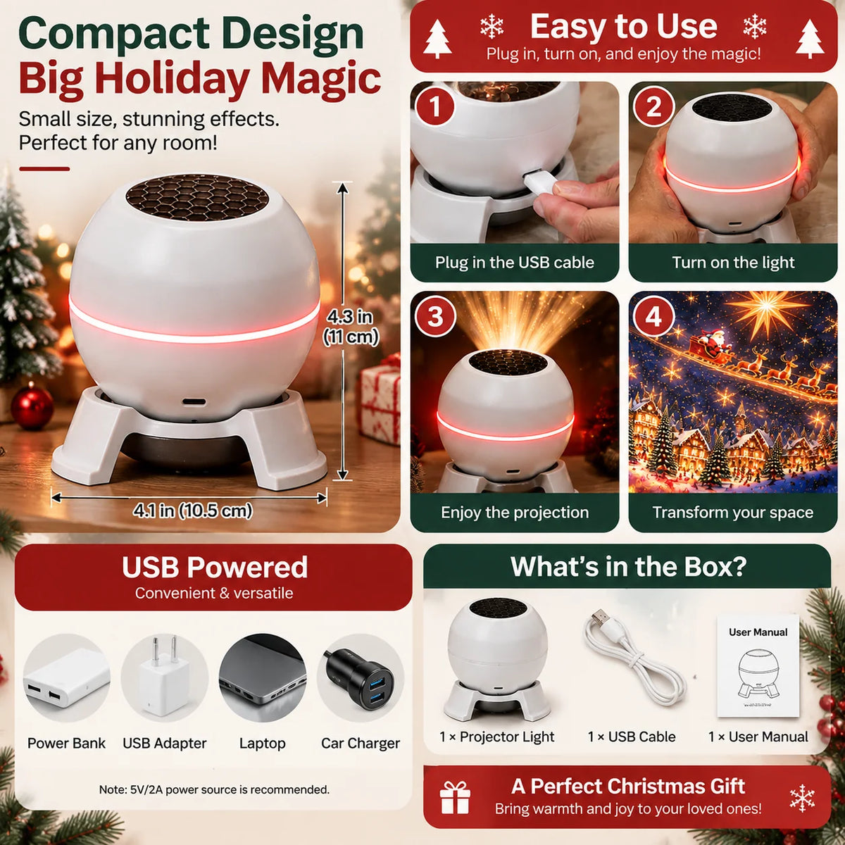 Christmas Light Projector Moving Holiday Scenes USB Powered Indoor Use