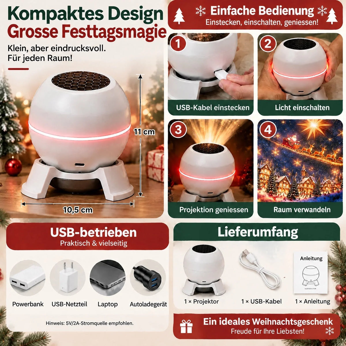 Christmas Light Projector Moving Patterns USB-Powered Indoor Use