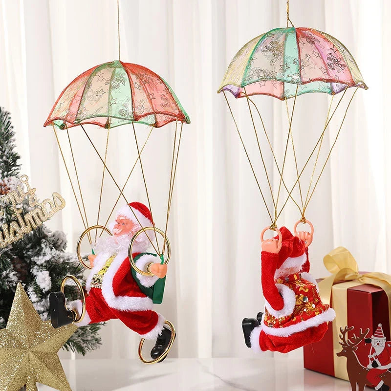 Christmas Ornament Parachuting Santa Musical Easy To Hang