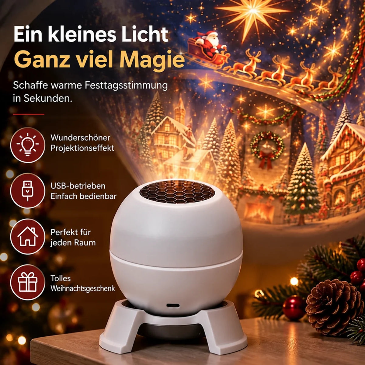 Christmas Projector Night Light USB Powered Wall & Ceiling Projection