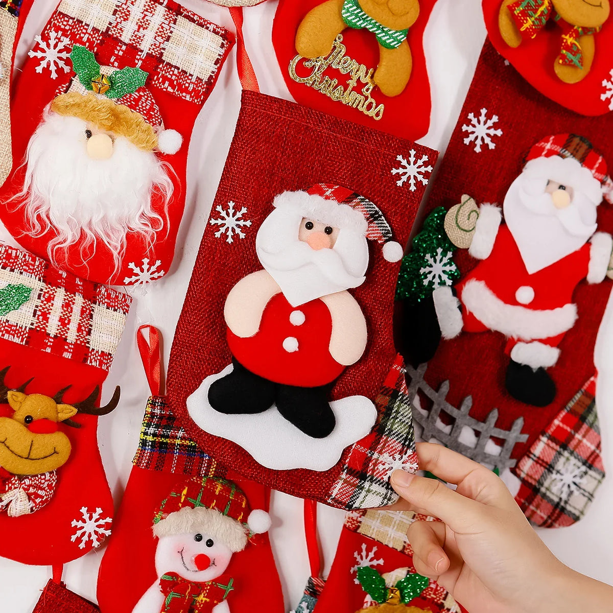 Christmas Stocking Durable Soft Fabric Santa & Snowflake Design