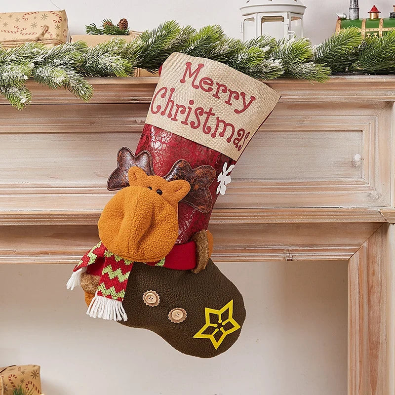 Christmas Stocking Durable Soft Fabric Santa & Snowflake Design