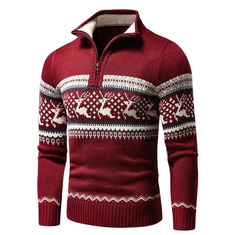 Christmas Sweater Warm Knit Reindeer Snowflake Half-Zip