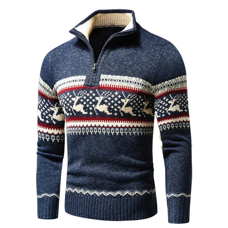 Christmas Sweater Warm Knit Reindeer Snowflake Half-Zip