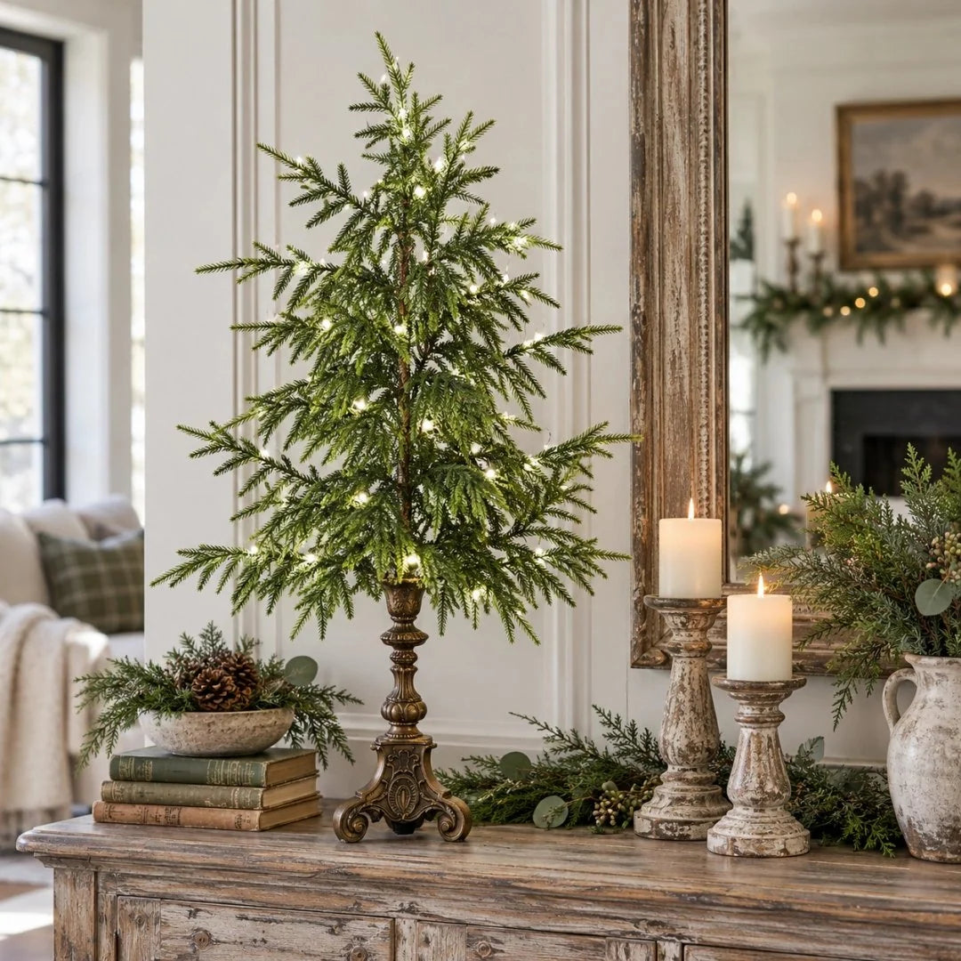 Christmas Tree Warm White LED Lights Vintage Pedestal Base