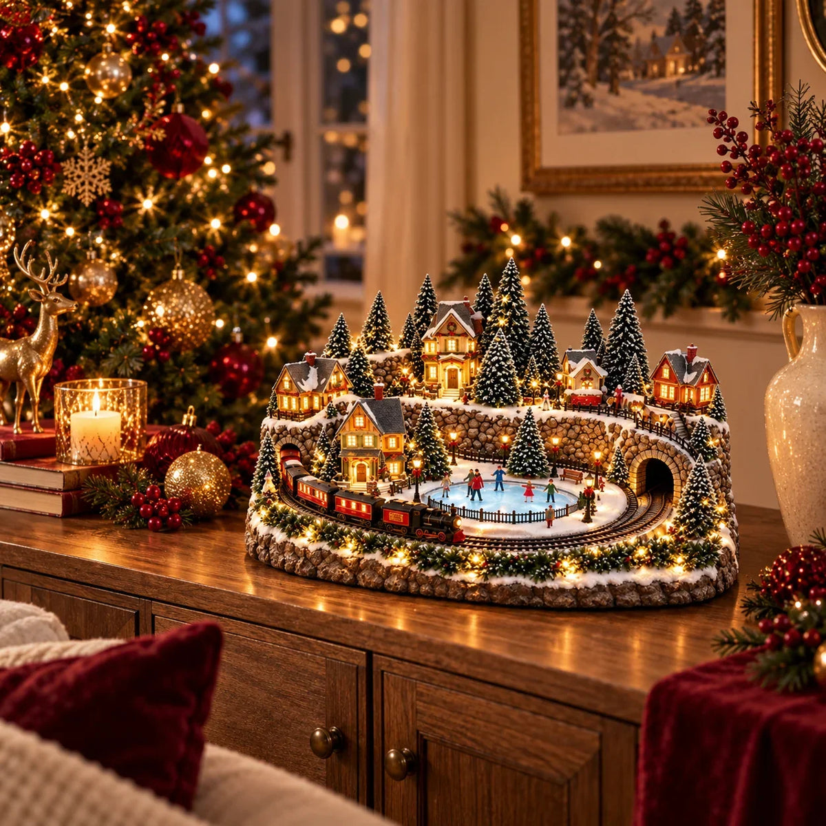 Christmas Village Decoration Moving Train & Holiday Music