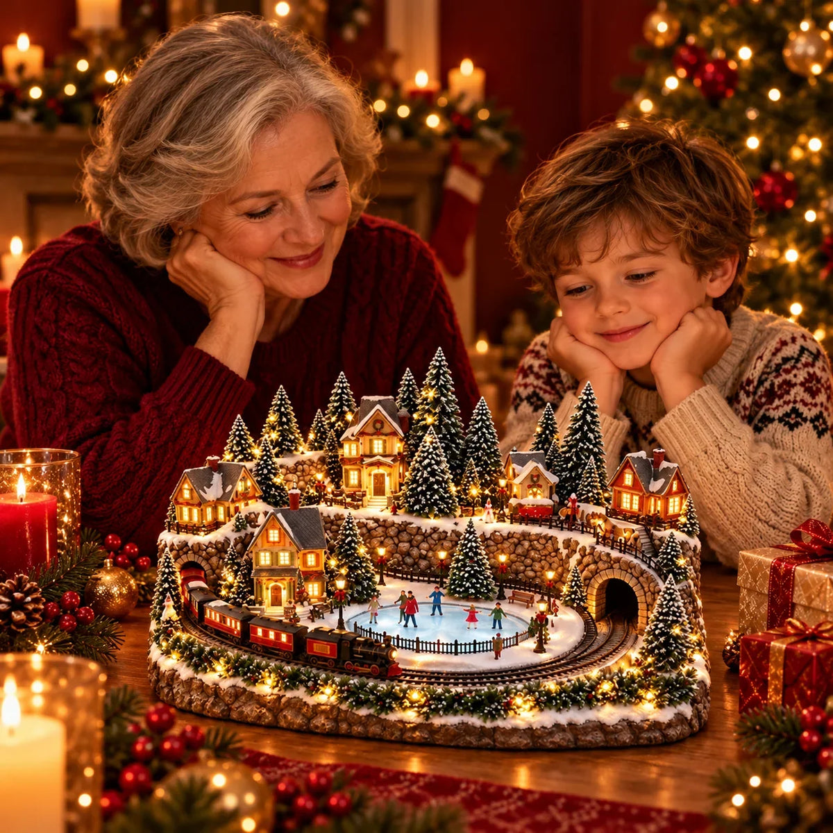 Christmas Village Decoration Moving Train & Holiday Music