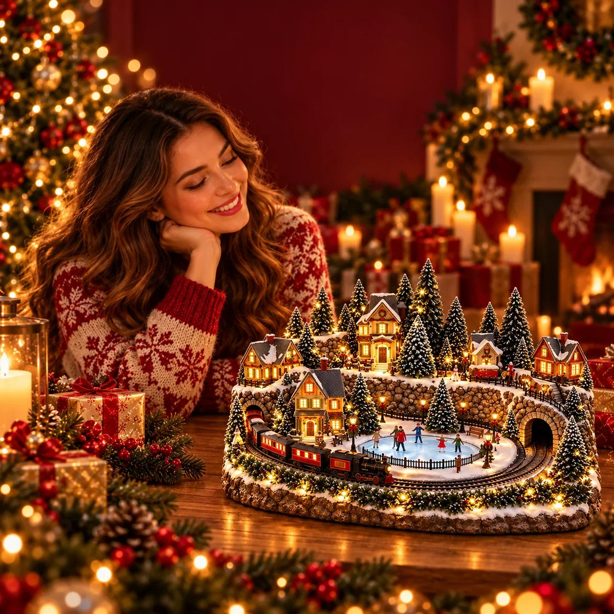 Christmas Village Decoration Moving Train & Holiday Music