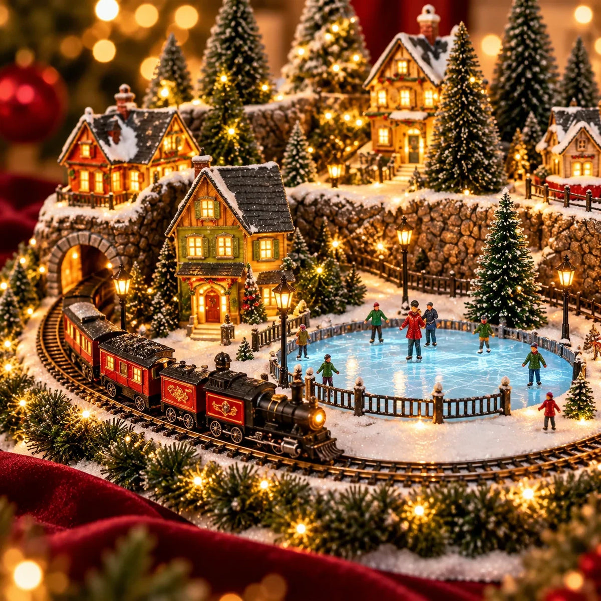 Christmas Village Decoration Moving Train & Holiday Music
