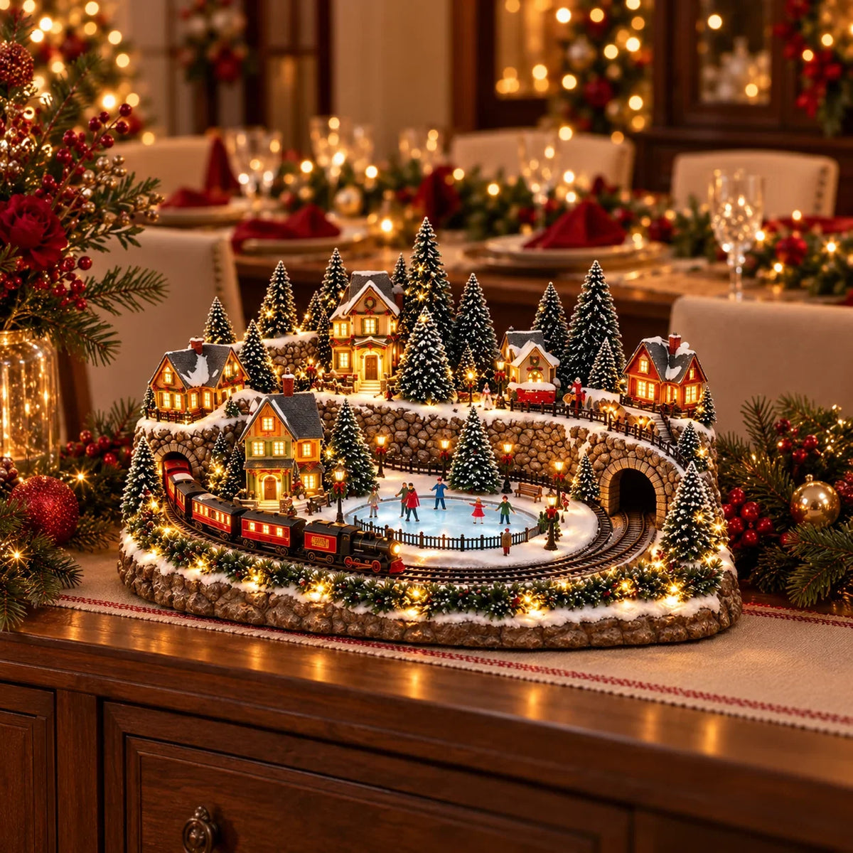 Christmas Village Decoration Moving Train & Holiday Music
