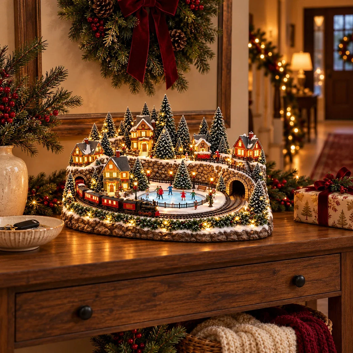 Christmas Village Decoration Moving Train & Holiday Music