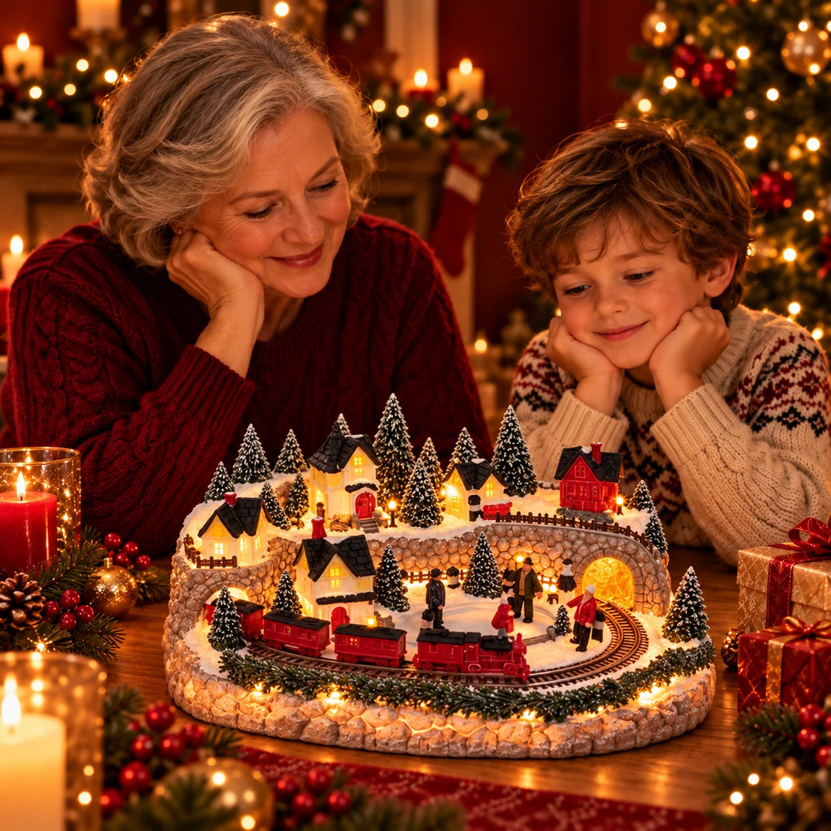 Christmas Village Lighted Train & Reindeer Sleigh Scene