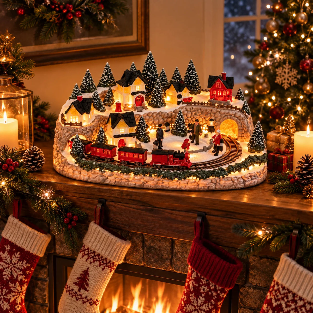 Christmas Village Lighted Train & Reindeer Sleigh Scene