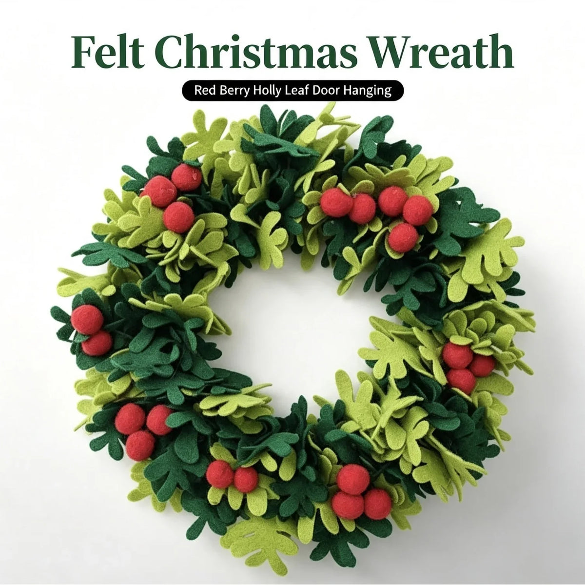 Christmas Wreath Felt Holly Leaves & Red Berries 45cm
