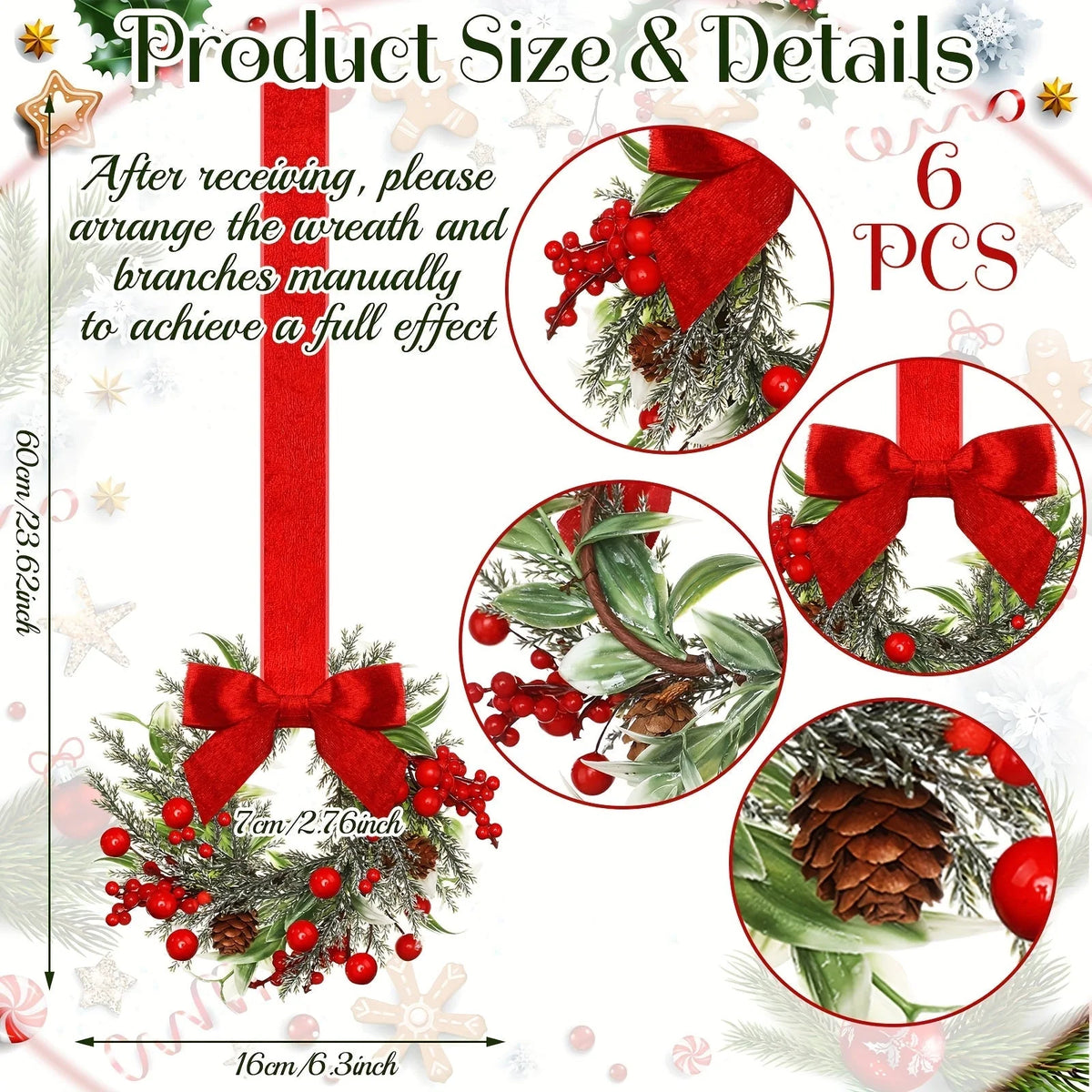 Christmas Wreath Polyester Greenery Red Bows & Pinecones