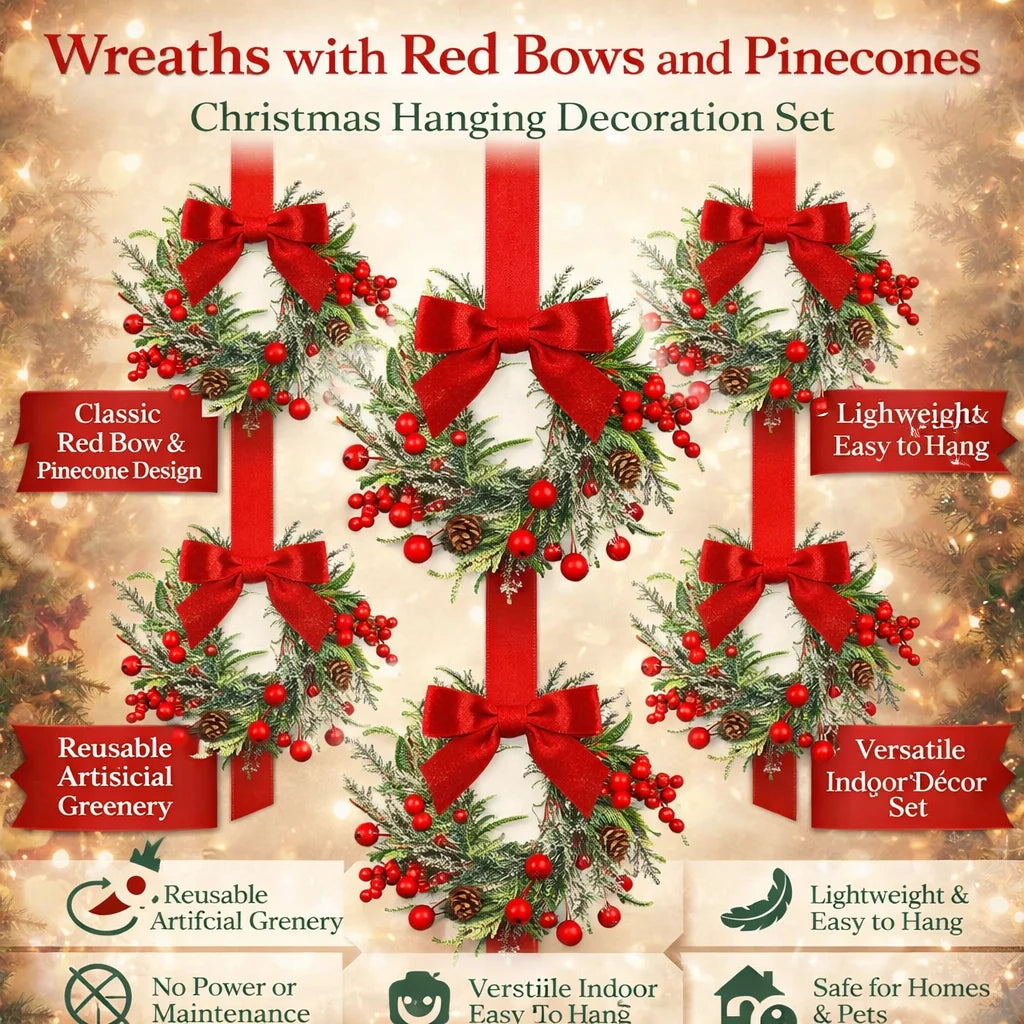 Christmas Wreath Polyester Greenery Red Bows & Pinecones