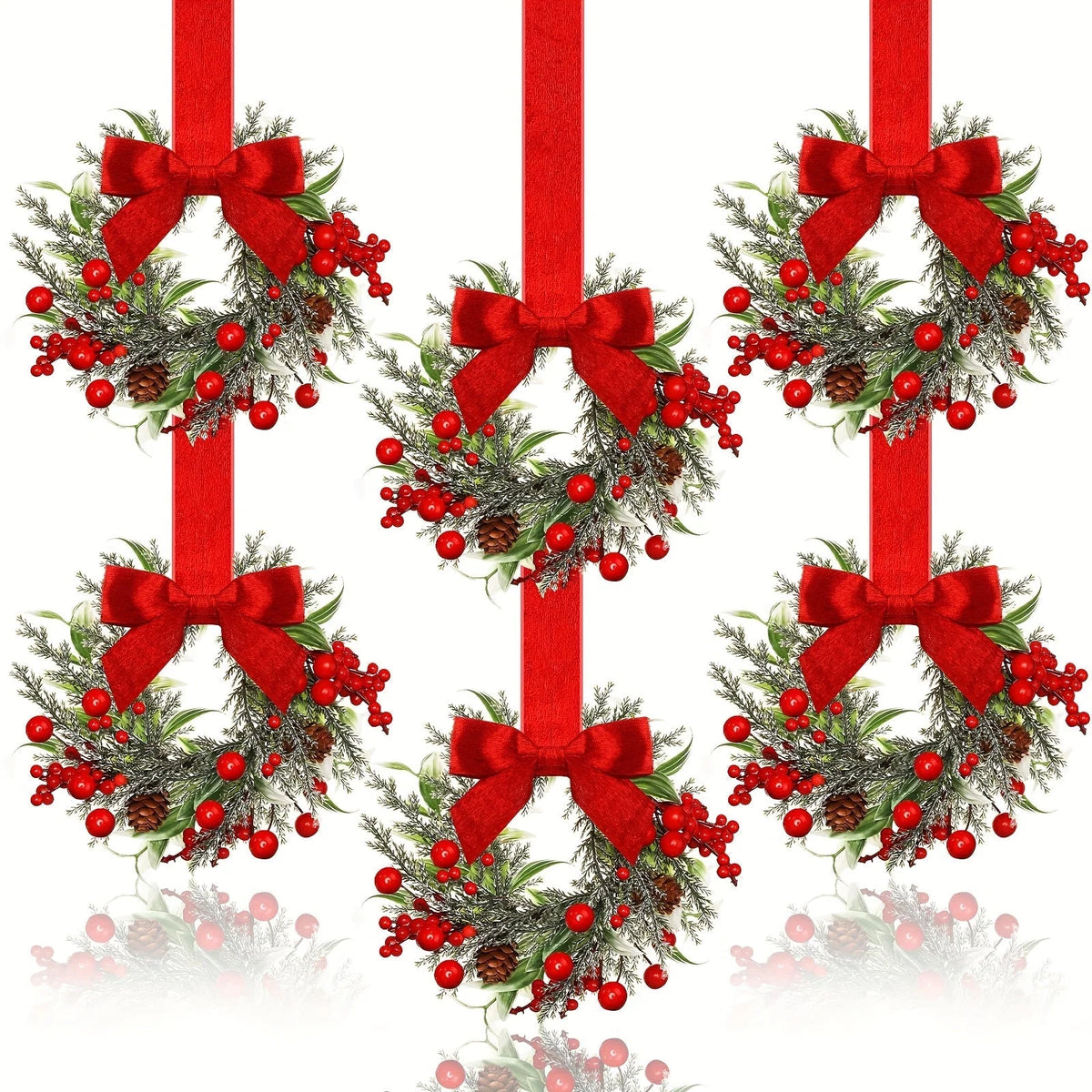 Christmas Wreath Polyester Greenery Red Bows & Pinecones