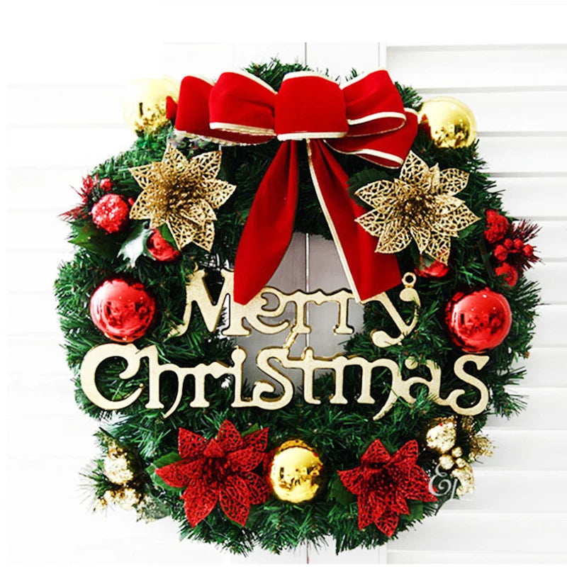 Christmas Wreath Red Bow Gold Ornaments Ready to Hang