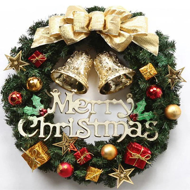 Christmas Wreath Red Bow Gold Ornaments Ready to Hang