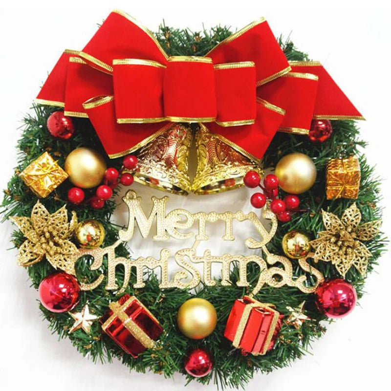 Christmas Wreath Red Bow Gold Ornaments Ready to Hang