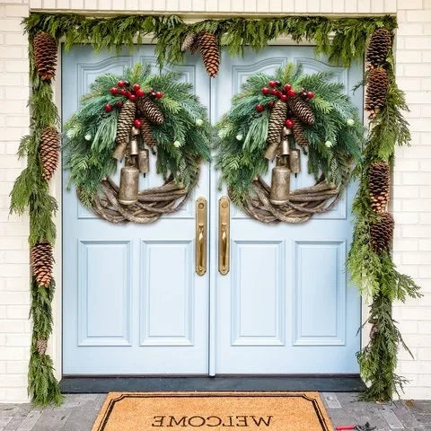 Christmas Wreath Rustic Vine Pinecones Berries & Bells 17 Inch