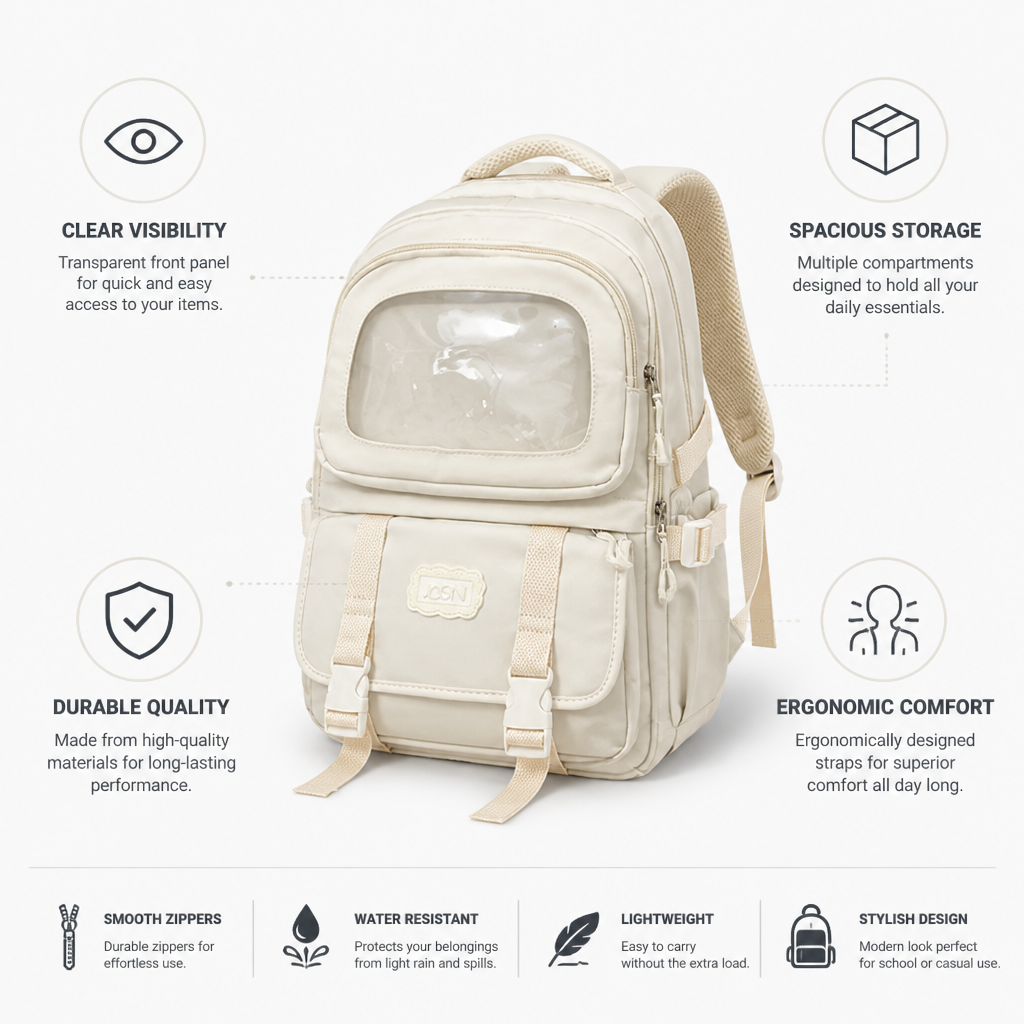 Clear Front Panel & Ergonomic Straps School Backpack
