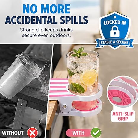 Clip-On Drink Holder Secure Spring Clamp Tool-Free
