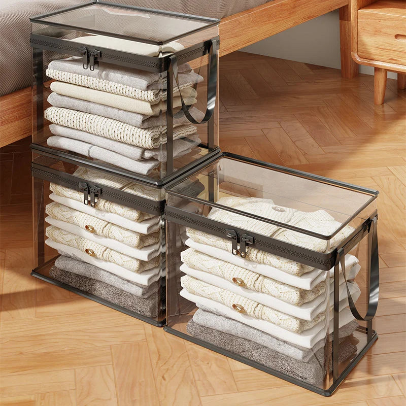 Clothing Storage Box Clear Stackable Dustproof Zipper Closure