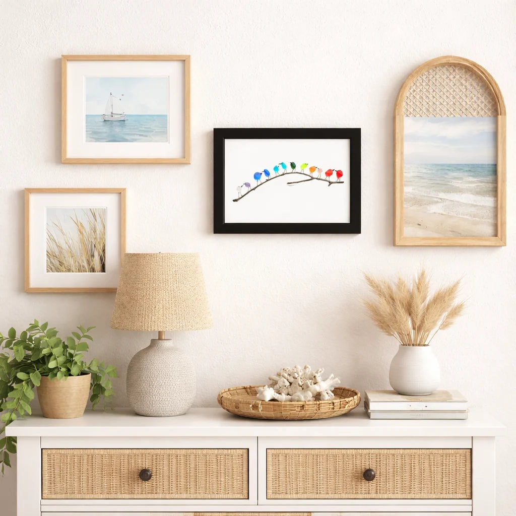 Coastal Wall Art Sea Glass & Driftwood Bird Motif
