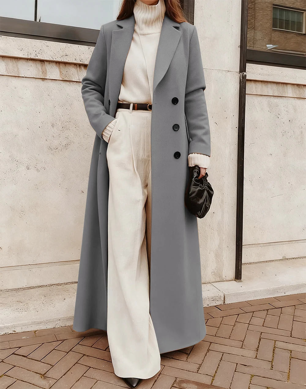 Coat Wool Blend Long Double-Breasted Deep Pockets