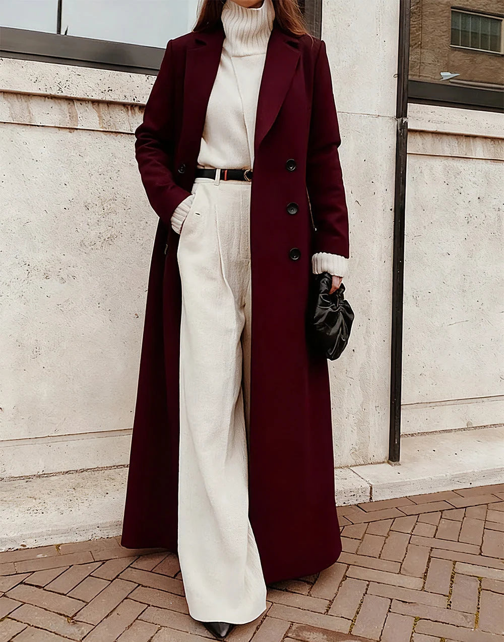 Coat Wool Blend Long Double-Breasted Deep Pockets