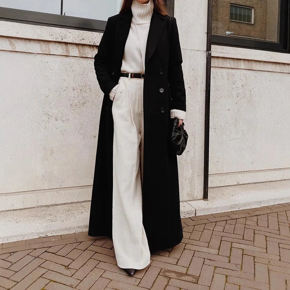 Coat Wool Blend Long Double-Breasted Deep Pockets