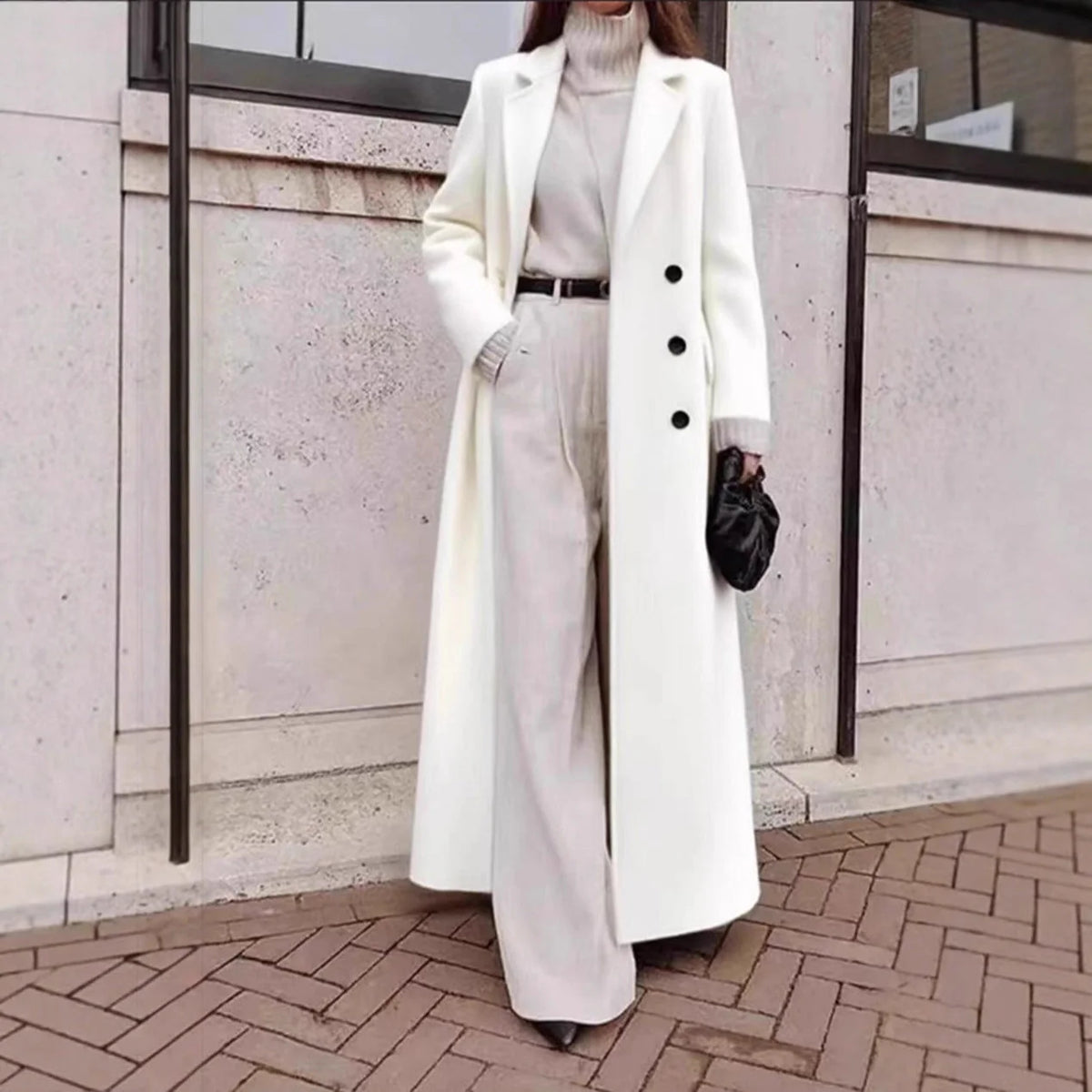 Coat Wool Blend Long Double-Breasted Deep Pockets