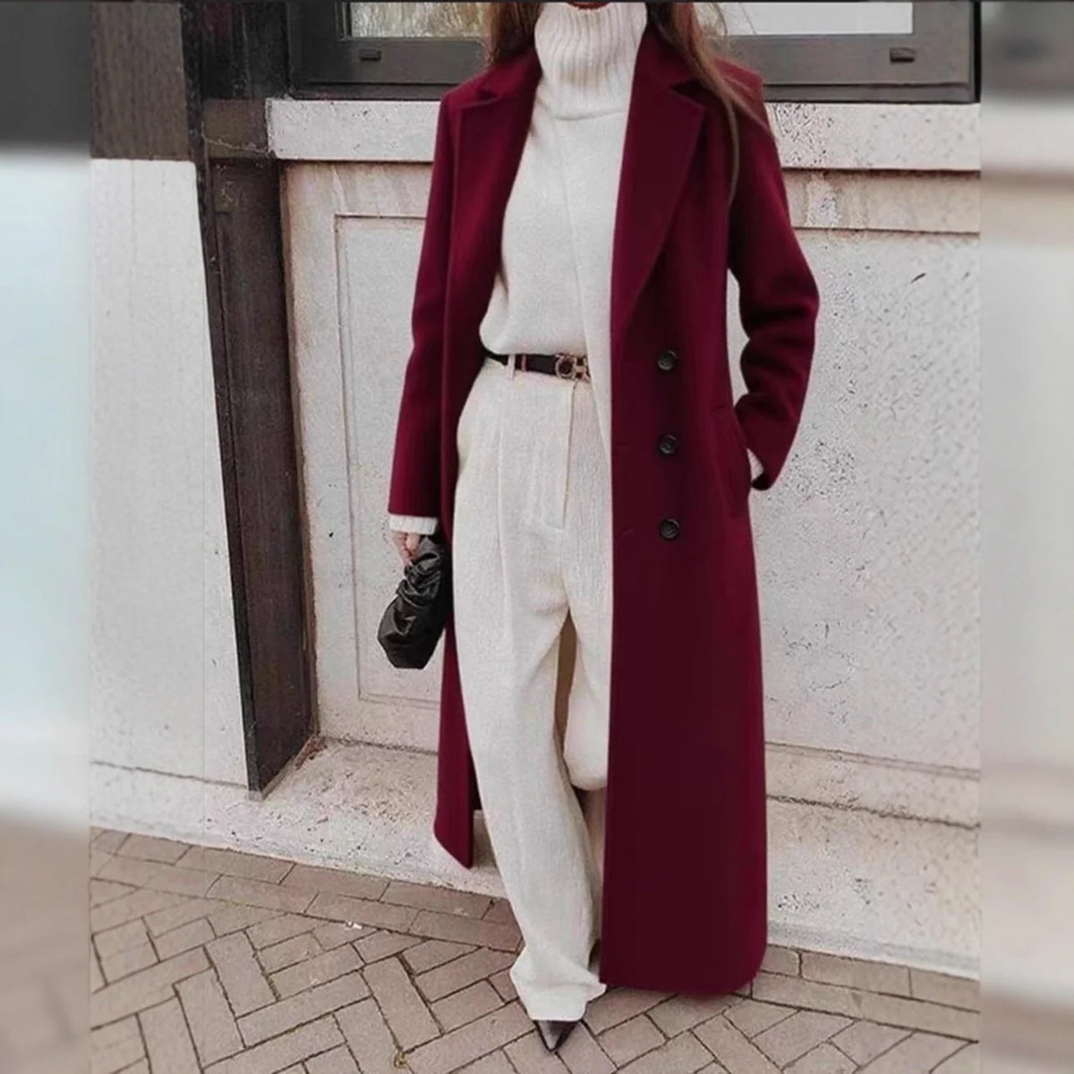 Coat Wool Blend Long Double-Breasted Deep Pockets